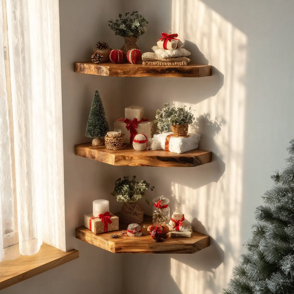 Rustic Live Edge Corner Floating Shelves – Handcrafted Solid Wood Wall Display