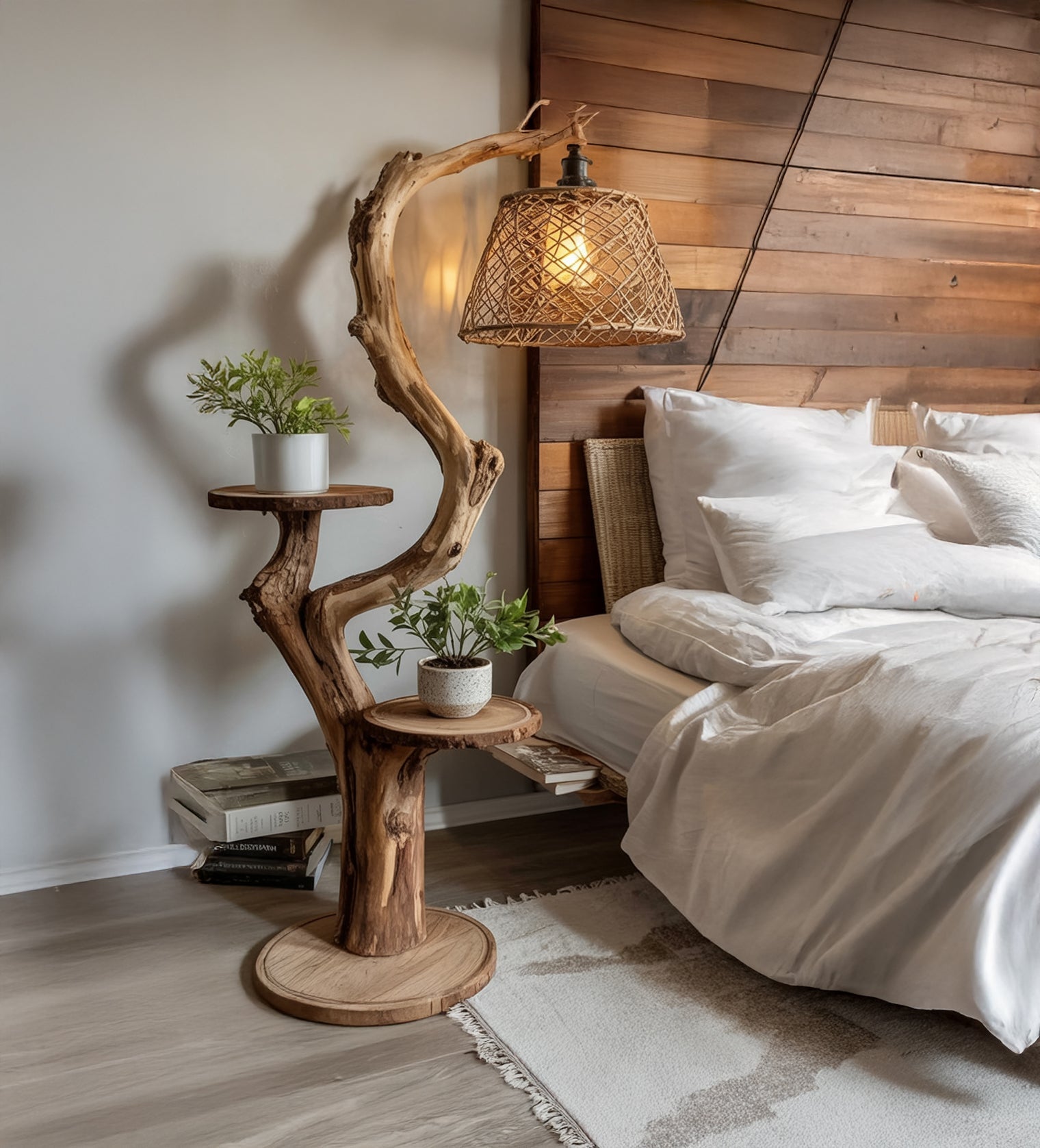 Lampadaire Rustique en Bois Flotté avec Étagères – Fait Main