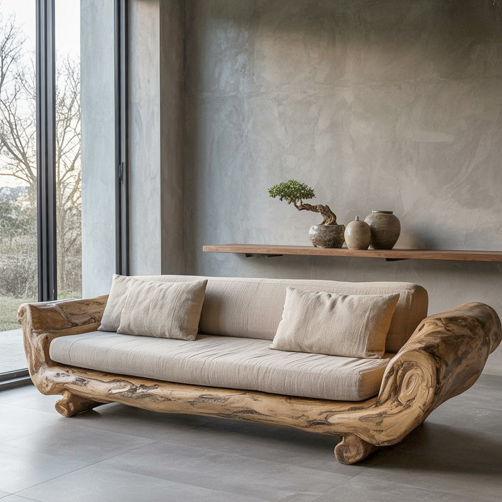 Handmade Solid Wood Sofa – Rustic Japanese Minimalist Floor Couch for Living Room