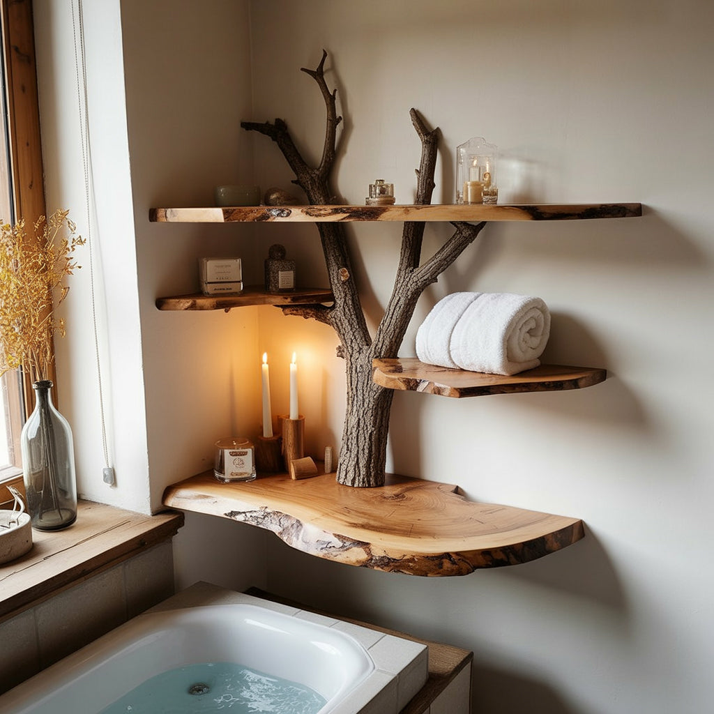 Live Edge Tree Branch Corner Shelf – Handcrafted Solid Wood Floating Shelf