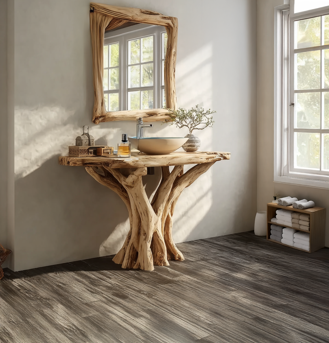Farmhouse Corner Bathroom Vanity Wood – Live Edge Sink Shelf, Modern Unique Rustic Corner Vanity