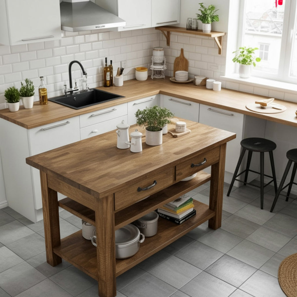 Îlot de Cuisine Bois Recyclé avec Tiroir & Étagères Rustique