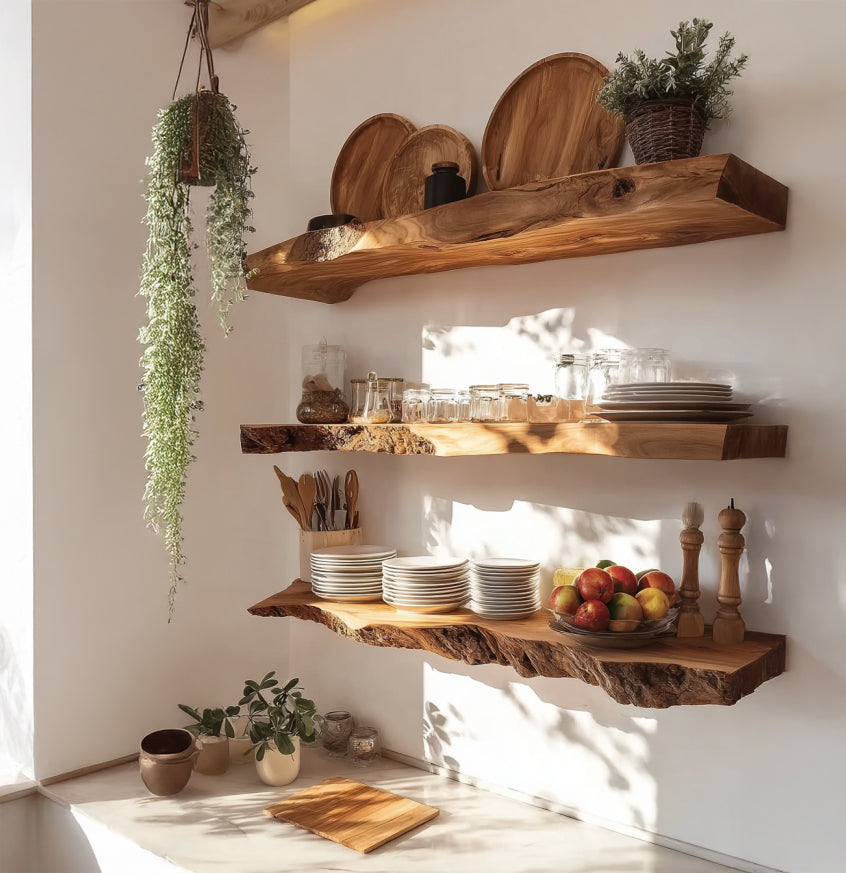 Handcrafted Live Edge Floating Shelf – Carved Wavy Wood Wall Art
