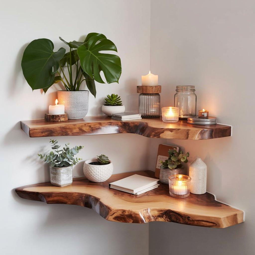 Étagère D’Angle Flottante En Bois Massif – Murale Live Edge