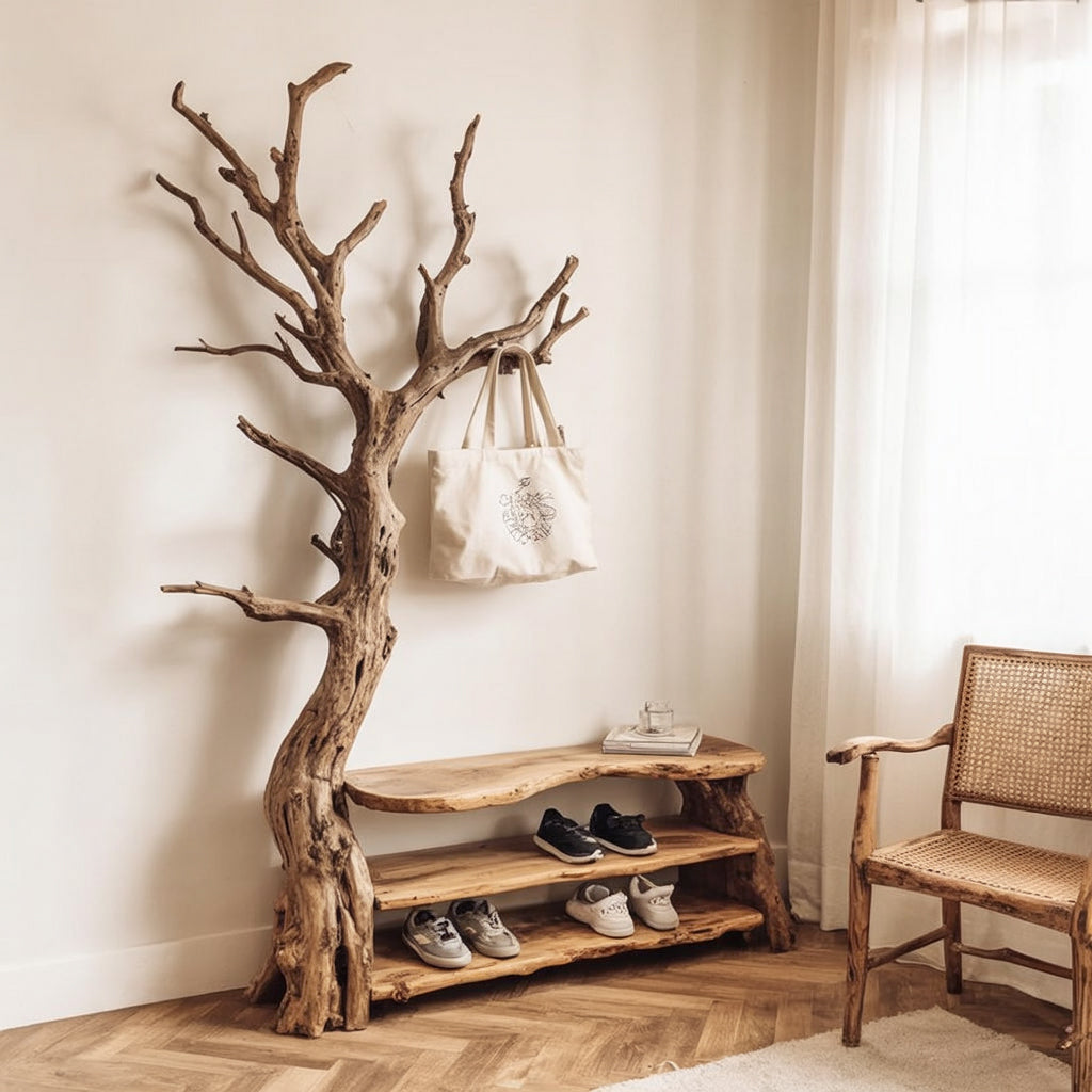 Porte-Manteau Mural en Branche de Bois Flotté – Crochets en Bois Massif