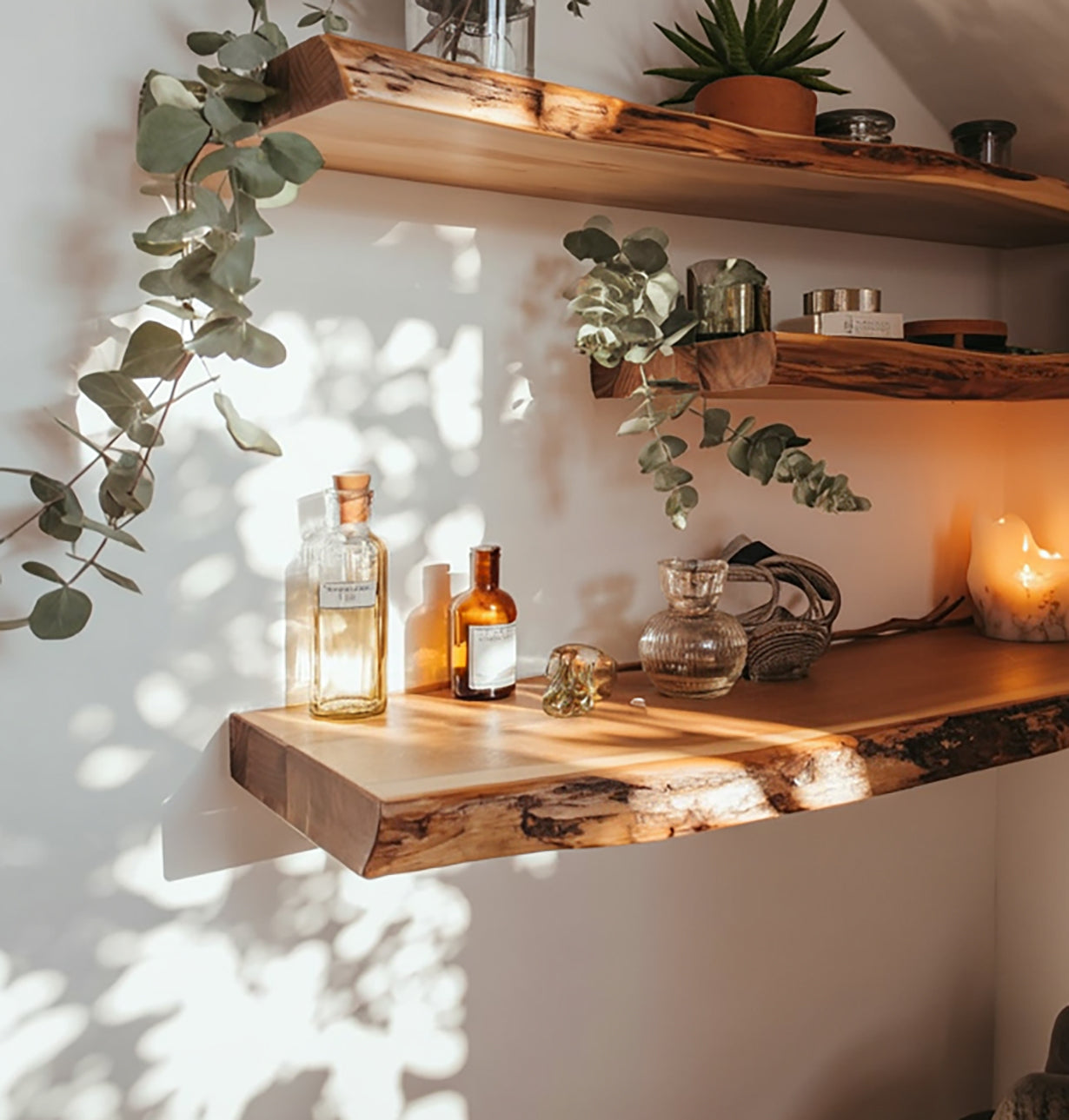 Étagères Flottantes Live Edge en Bois Massif – Style Rustique Fait Main