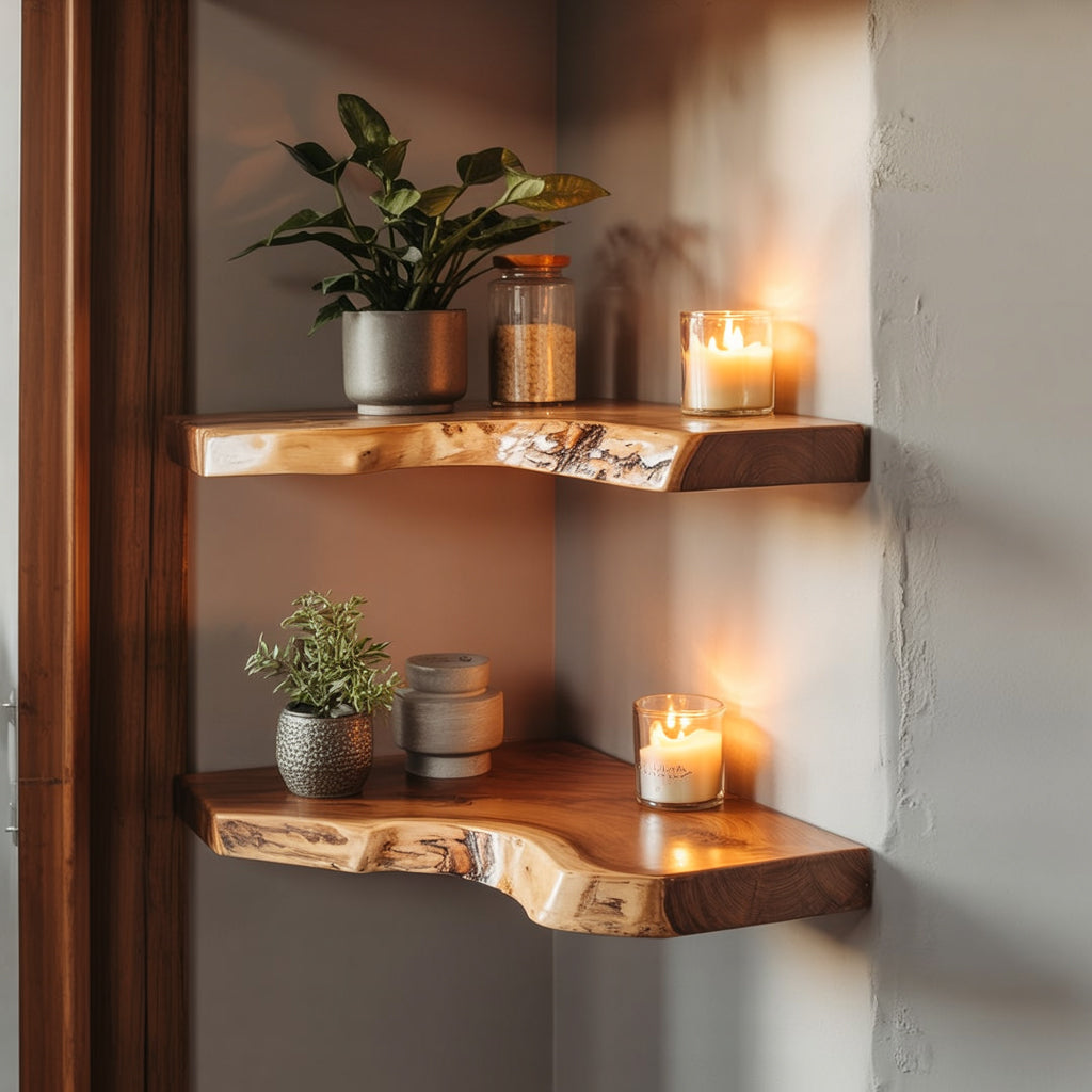 Étagère d’angle en bois Live Edge faite main – Étagère murale flottante