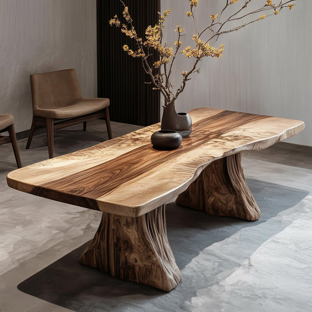 Live Edge Solid Wood Coffee Table with Natural Tree Trunk Base – Organic Modern Table