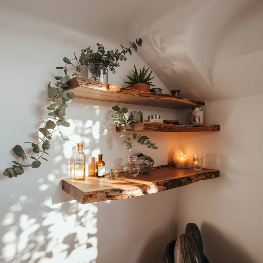 Étagères Flottantes Live Edge en Bois Massif – Style Rustique Fait Main