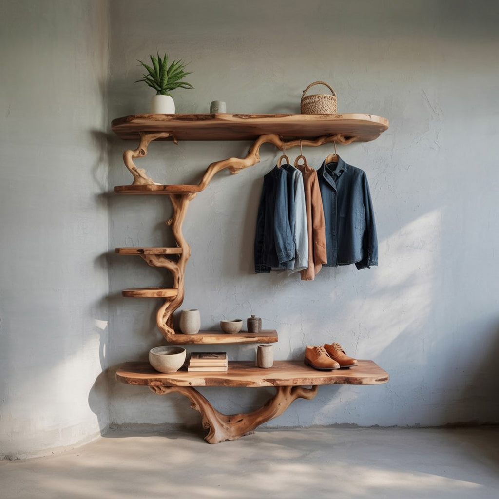Porte-manteau mural en branche de bois flotté avec banc à chaussures