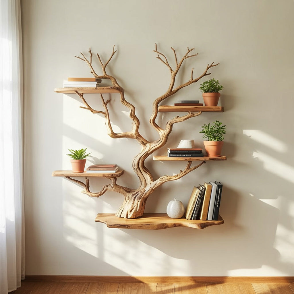 Bibliothèque Murale Branche d’Arbre Flottante en Bois Massif