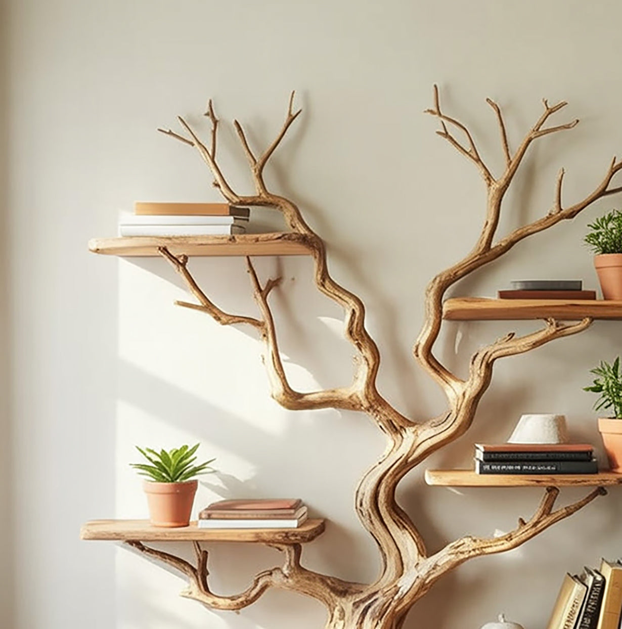 Bibliothèque Murale Branche d’Arbre Flottante en Bois Massif