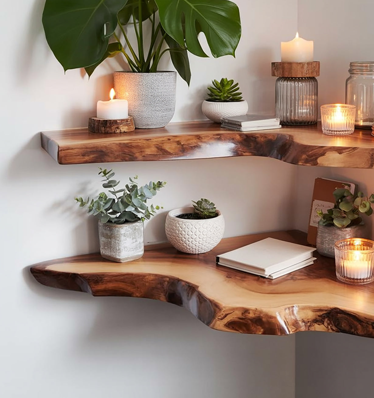 Étagère D’Angle Flottante En Bois Massif – Murale Live Edge