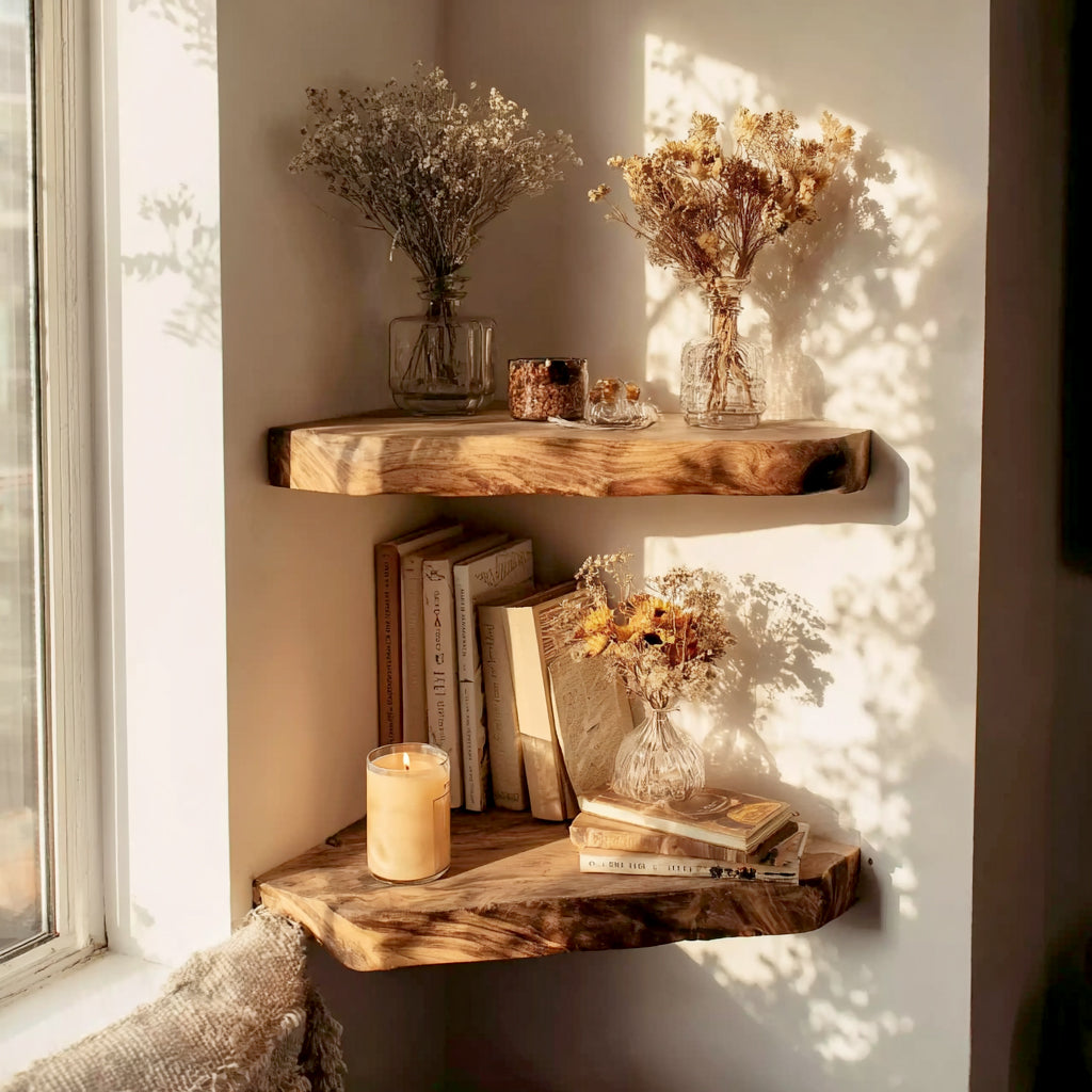 Farmhouse Floating Corner Shelf – Live Edge Wall Shelf, Rustic Walnut Bookshelves