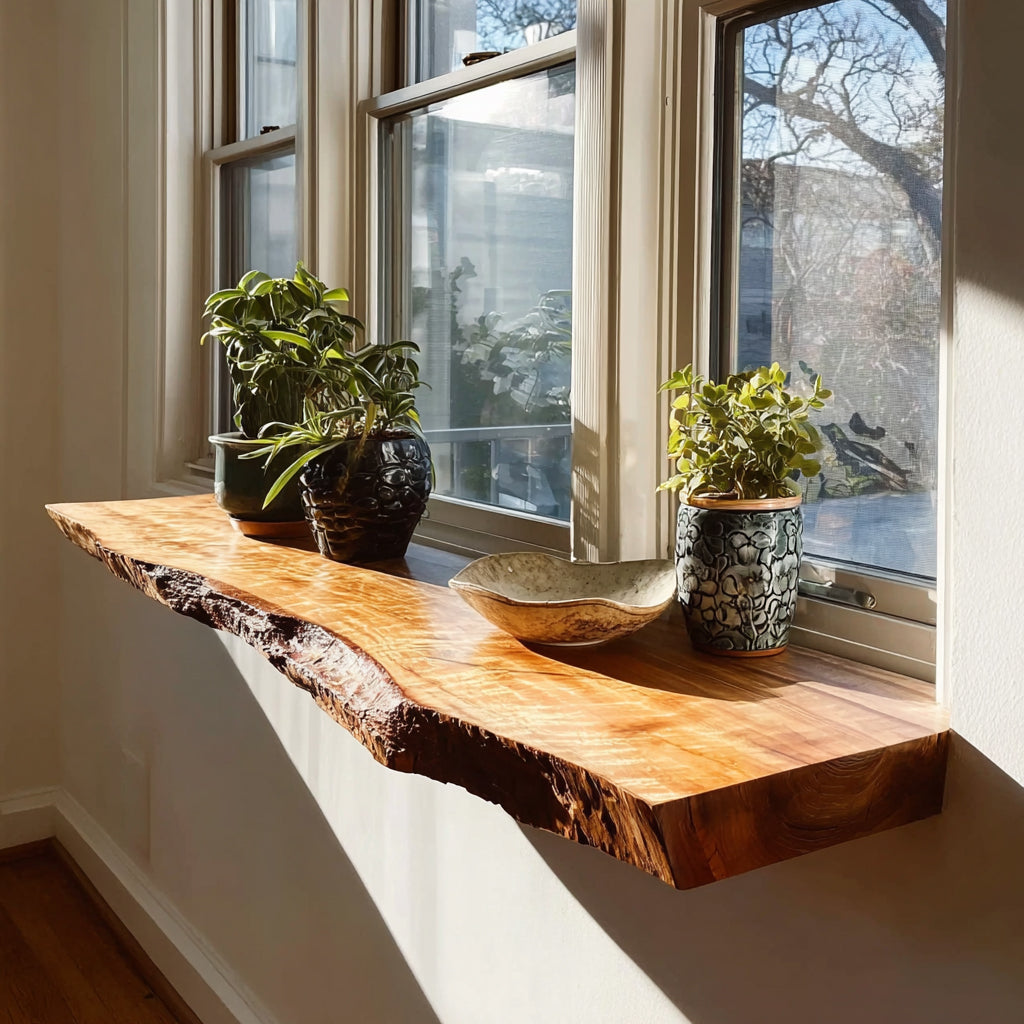 Handcrafted Live Edge Floating Shelf – Carved Wavy Wood Wall Art