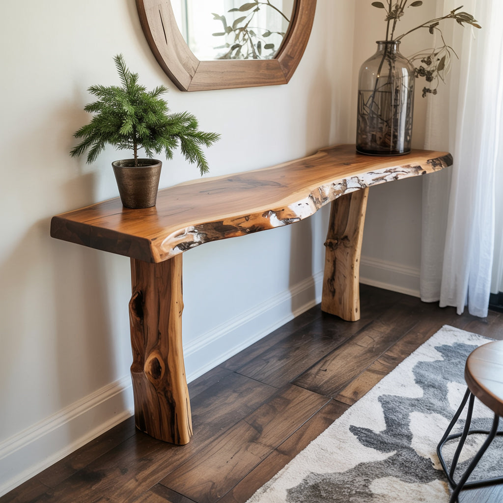 Console en bois massif faite main – Design arbre rustique pour entrée
