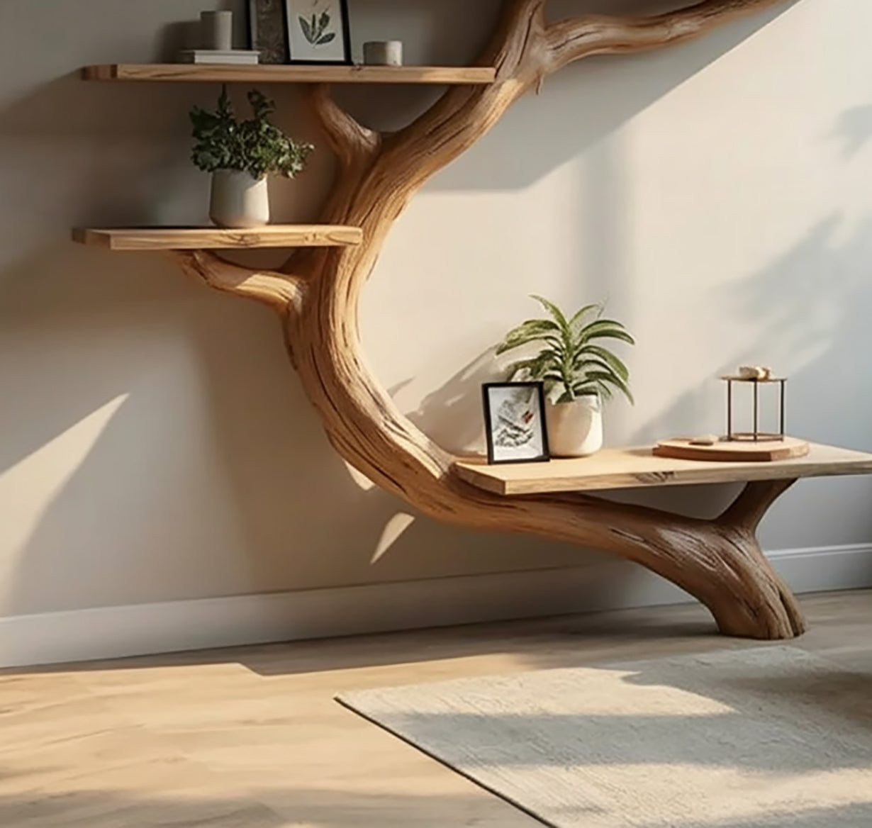 Bibliothèque Arbre Rustique – Étagère Murale Flottante Déco
