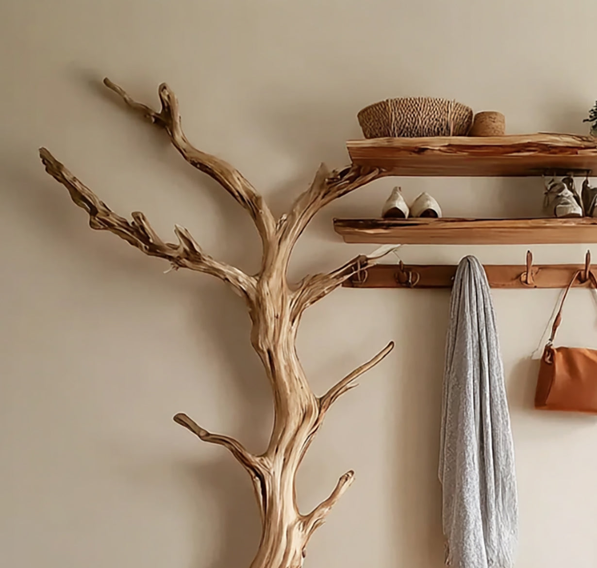 Porte-Manteau Mural en Branche d’Arbre Naturelle – Bois Flotté