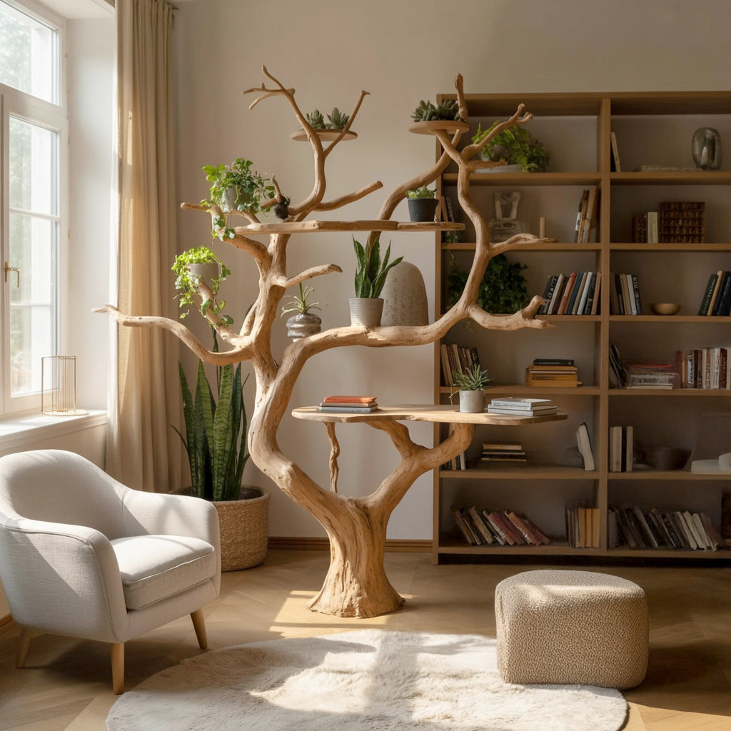 Handcrafted Tree Desk Bookshelf – Natural Wood Branch Furniture for Home Decor