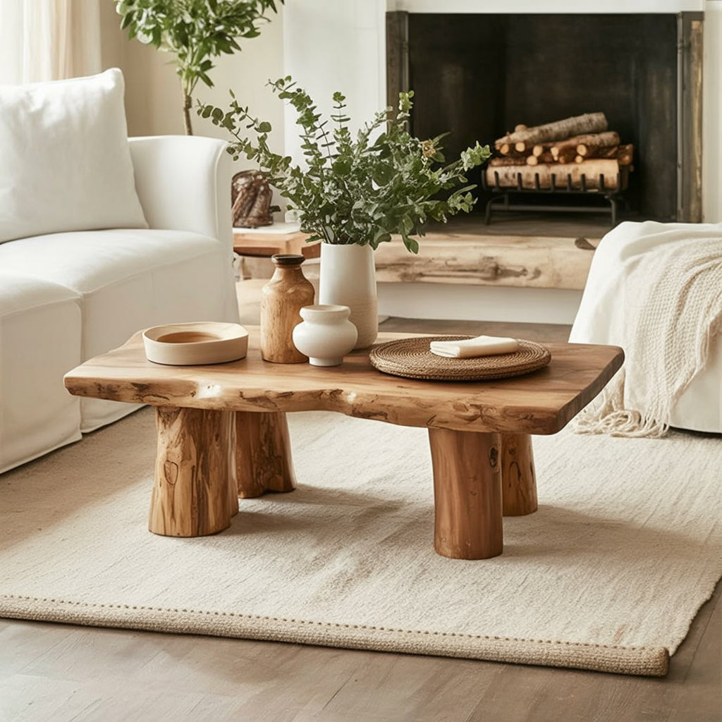 Rustic Live Edge Wood Coffee Table – Solid Wood Farmhouse Living Room Table