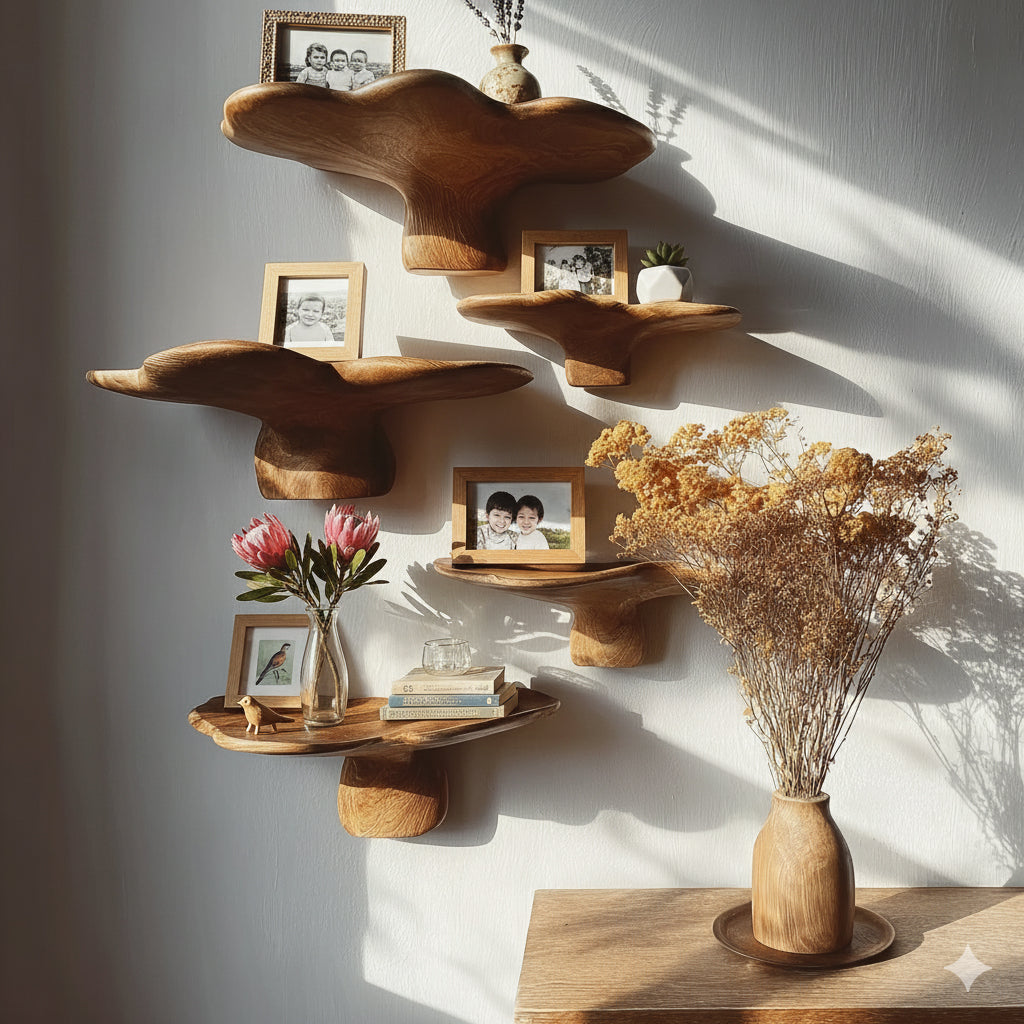 Handcrafted Rustic Mushroom Floating Shelf – Live Edge Wooden Wall Décor