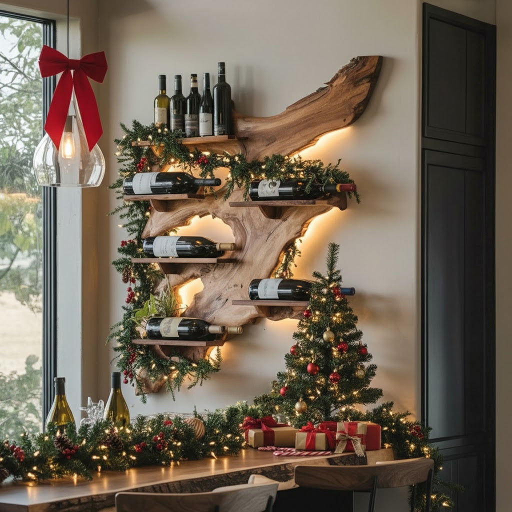 Live Edge Wooden Wine Rack – Wall Mounted Rustic Wine Shelf, Christmas Gift