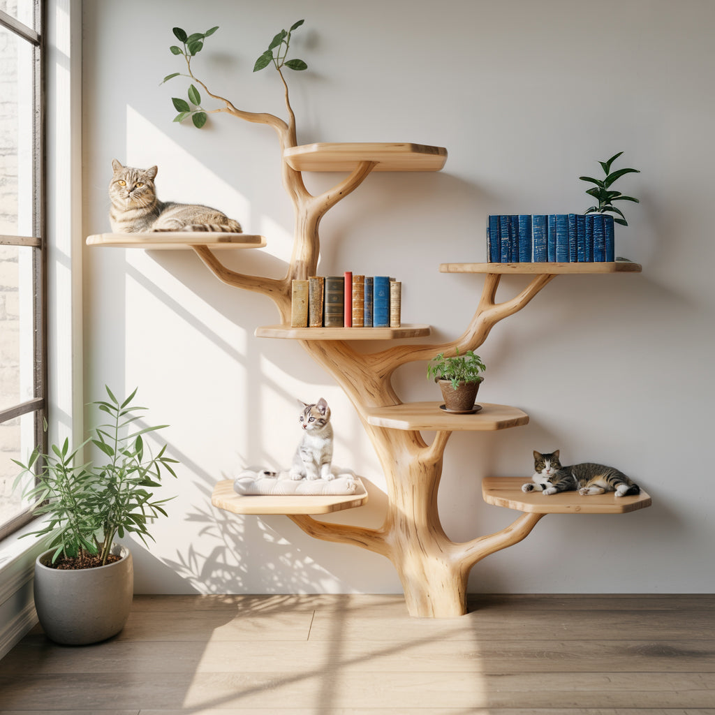 Handmade Wooden Cat Tree Tower – Rustic Cat Furniture for Large Cats