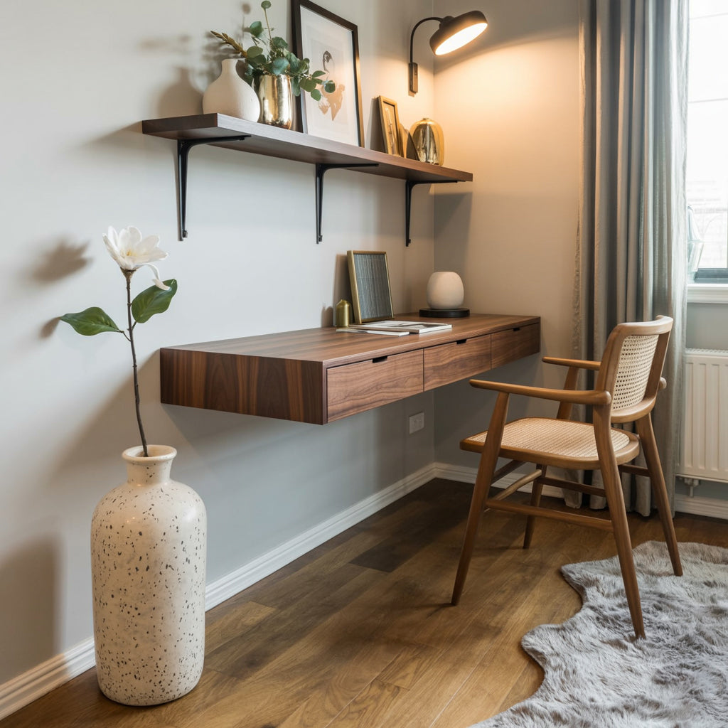 Modern Floating Wooden Wall Desk with Storage Drawers – Minimalist Home Office